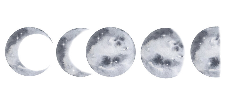 Set of watercolor gray moon
