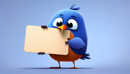 Cute Cartoon Bird Holding a Sign for a message or logo mockup, 
Created using generative AI tools