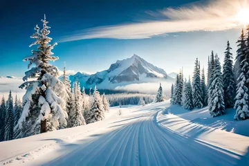 Crédence de cuisine en verre imprimé Bleu Jeans winter landscape with snow covered mountains generated Ai.