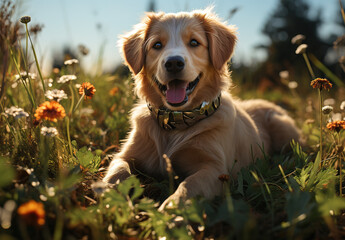 happy  golden retriever puppy dog running in grass with flowers  in the summer