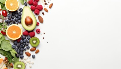 Naklejka na ściany i meble Fresh fruits and vegetables on white background, top view. Healthy food