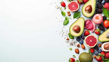 Healthy food background with fruits and vegetables. Top view with copy space