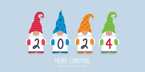 christmas and new year greeting card 2024 cute christmas dwarf vector illustration EPS10