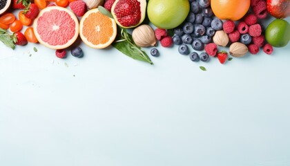 Healthy food background with fresh fruits and berries on blue background. Top view with copy space