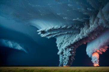 a large tornado on a field in the countryside on a cloudy day. Generative AI.