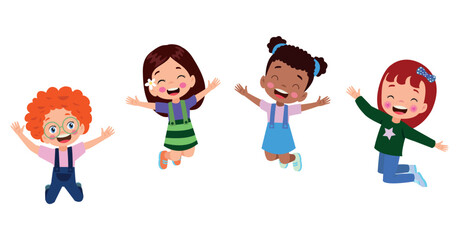 Jumping kids. Happy funny children playing and jumping in different action poses education little team vector characters. Illustration of kids and children fun and smile