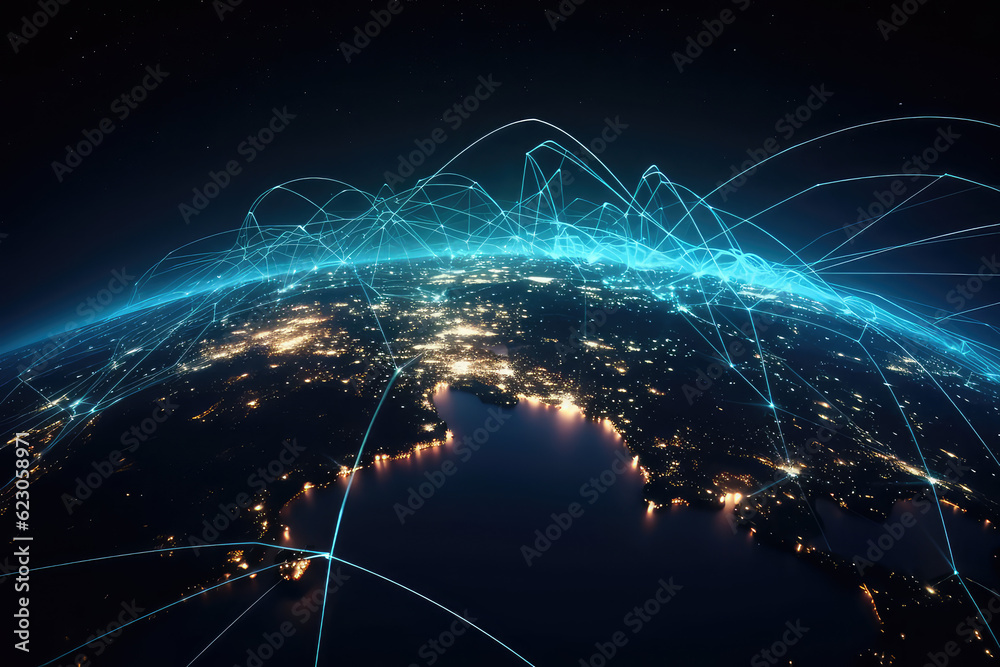 Wall mural a globe of a planet surrounded by neural neon nexus lines, grid and nodes. creative concept of techn