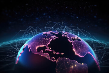 A globe of a planet surrounded by neural neon nexus lines, grid and nodes. Creative concept of technological progress, the World Wide Web banner. Generative AI 3d render illustration imitation. - obrazy, fototapety, plakaty