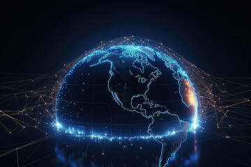 Obraz premium A globe of a planet surrounded by neural neon nexus lines, grid and nodes. Creative concept of technological progress, the World Wide Web backdrop. Generative AI 3d render illustration imitation.