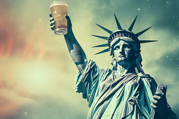 statue of liberty hold beer. Liberty's Lager: Statue of Liberty's Playful Beer Adventure.  Humorous concept - obrazy, fototapety, plakaty