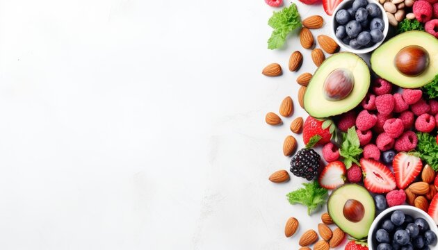 Healthy food background with fresh berries, nuts and fruits. Top view, flat lay