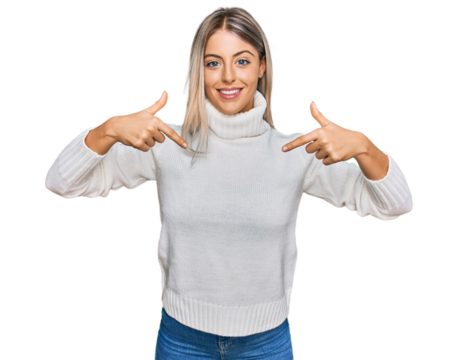 Beautiful blonde woman wearing casual turtleneck sweater looking confident with smile on face, pointing oneself with fingers proud and happy.