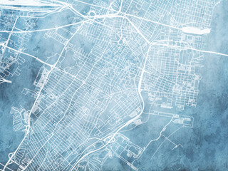 Illustration of a map of the city of  Jersey City New Jersey in the United States of America with white roads on a icy blue frozen background.
