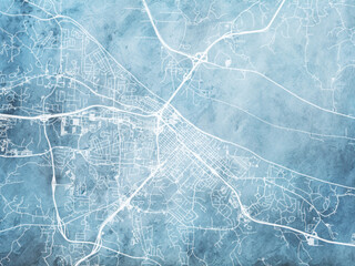 Illustration of a map of the city of  Jefferson City Missouri in the United States of America with white roads on a icy blue frozen background.