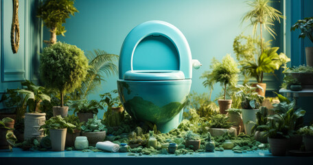 a blue toilet surrounded by potted plants. World Toilet Day concept banner