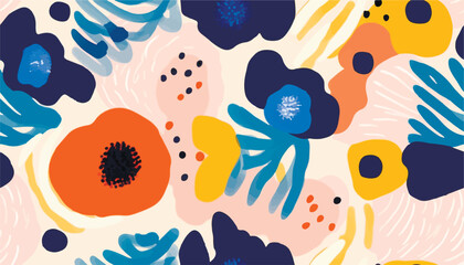 Hand drawn simple abstract flowers print. Trendy bright collage pattern. Fashionable template for design