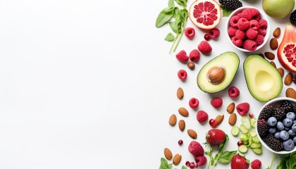 Healthy food background. Fresh fruits and berries on white table. Top view with copy space