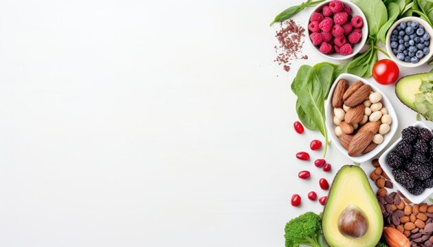 Healthy food background with fresh vegetables, fruits and nuts. Top view with copy space