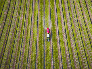 Aerial view of tractor on field. Aerial view of Tractor fertilizing a cultivated agricultural field in spring. Taking care of the Crop.