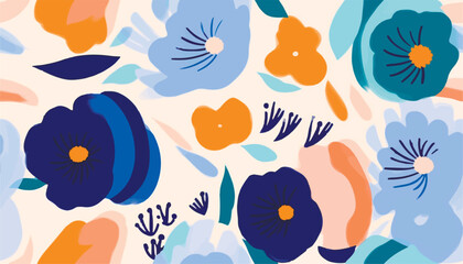 Hand drawn simple abstract flowers print. Trendy bright collage pattern. Fashionable template for design