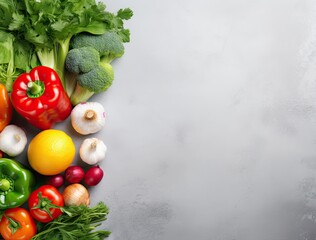 Different fresh vegetables on grey background, top view with space for text