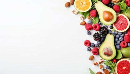 Healthy food background with fresh fruits and berries. Top view with copy space
