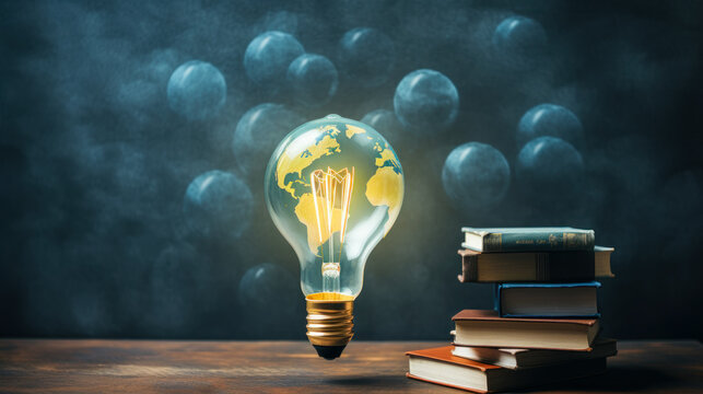 Earth As Lightbulb On Teacher Chalkboard With Book On Wooden Table, Global Education Week Concept Banner