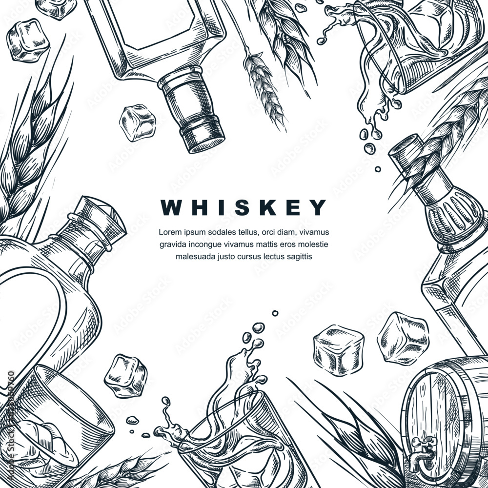 Wall mural whiskey tasting banner, poster party flyer. vector sketch frame illustration of whisky brandy bottle