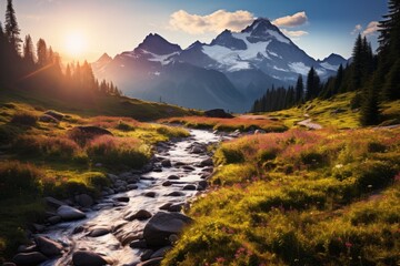 Landscape Photography of Alpine Meadow on Sunset, Generative AI