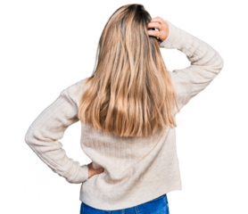 Young blonde woman wearing casual clothes backwards thinking about doubt with hand on head