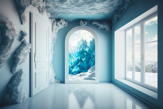 Ascetic interior design with ice imitation decorations and mountain scenery behind the window. AI generated image