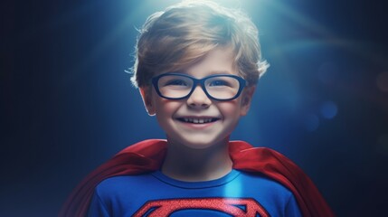 Portrait of a happy little boy in superhero costume on a blue background. Smiling Little boy pretending to be a superhero. Portrait of a smiling child dressed like superhero, studio shot. AI generated