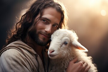 Jesus Christ holding a lamb in His arms The lamb of God who takes away the sin of the world Generative AI Illustration
