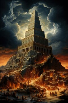 Illustration of the Tower of Babel built by Nimrod in the region of Babylon Language confusion Generative AI