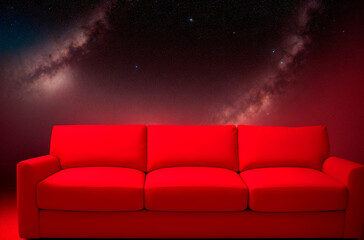 Red sofa on the background of the night and starry sky. Generative AI.