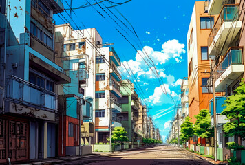 an anime inspired street, typical japan city - obrazy, fototapety, plakaty
