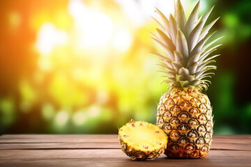 Fresh pineapples on the wood table with space for product. Summer background. Ai generated