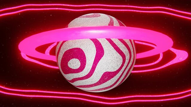 3D neon and glitter abstract planet in space background. Pink and silver disco planet with glowing hoop. Pink shine groovy waves and stars in dark galaxy. Bright colors wallpaper y2k. 4K 30 fps
