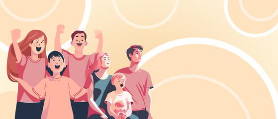 Parents and children in the stands stood beside the stadium cheering cheerfully in the evening atmosphere. illustration, family, yellow background, banner