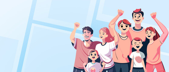 Fototapeta na wymiar Father and mother with children in the stands standing beside the stadium cheering joyfully on the sport. illustration, family, blue background, cheerful, banner