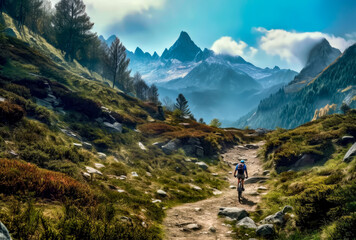 Fototapeta na wymiar a rides his mountain bike along a rough way in mountains