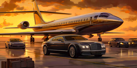 Luxury airliner with a private jet and luxury car at the airport at Sunset - obrazy, fototapety, plakaty