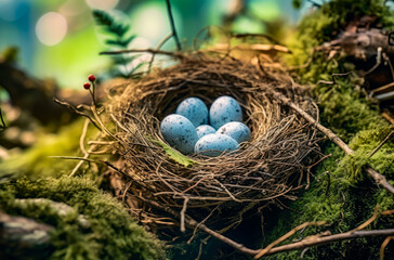 Fototapeta na wymiar Two bird eggs in a nest in a tree