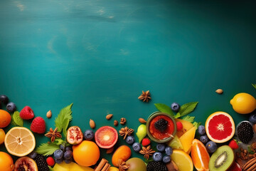 Fototapeta na wymiar Fresh fruits with space. Summer background. Ai generated