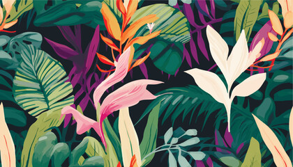 Modern exotic jungle plants illustration pattern. Creative collage contemporary floral seamless pattern. Fashionable template for design
