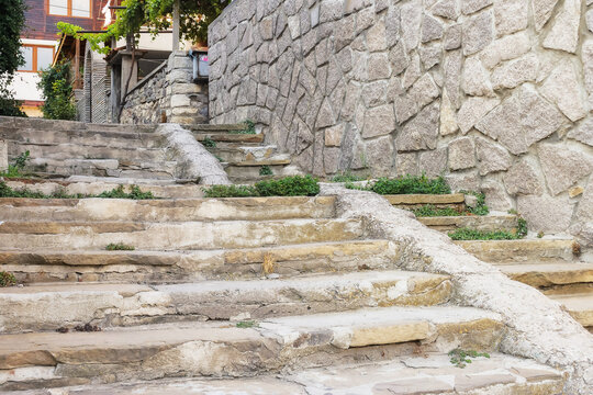 steps on the street of old town. explore ancient architecture of bulgaria