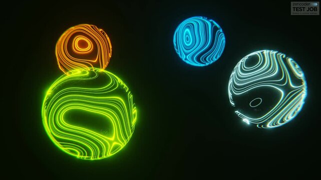 Abstract 3D looped animation of 4 elements. Earth, air, fire, water neon spheres in dark space. Glowing groovy waves morphing texture. Peaceful harmonic wallpaper. 4K 30 fps animation