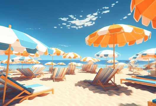 Beach Scene with Sunloungers and umbrellas.