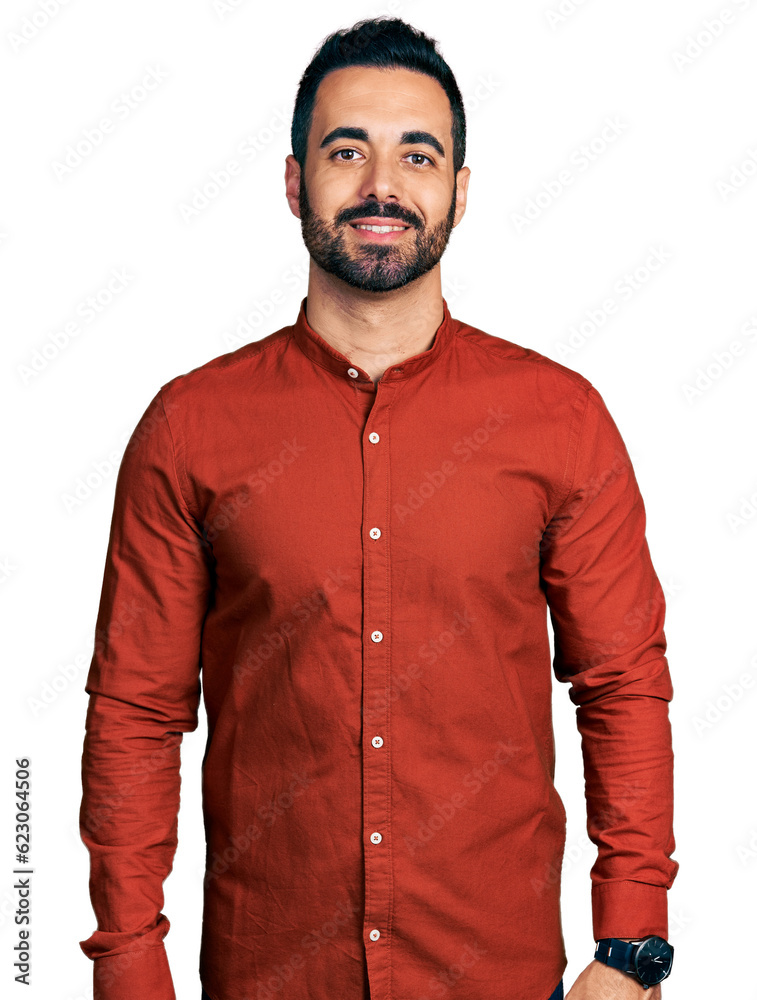 Sticker young hispanic man with beard wearing casual shirt with a happy and cool smile on face. lucky person