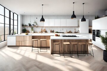 Step into the modern Nordic kitchen of a loft apartment through this stunning 3D rendering. Ai generated